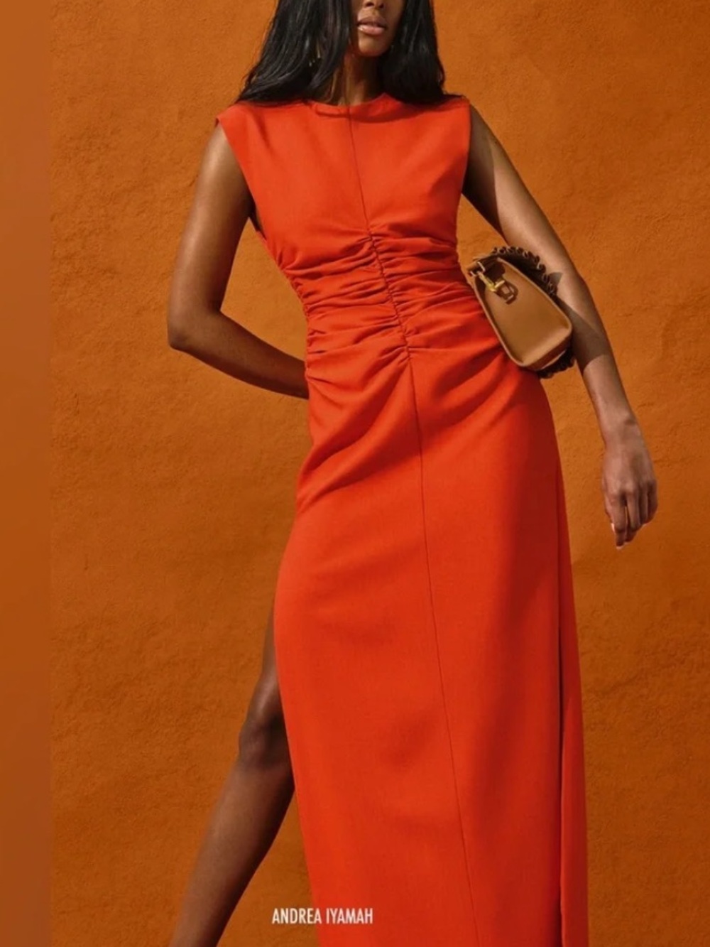 Andrea Iyamah Orange Sleeveless Ruched Maxi Dress with Side Slit